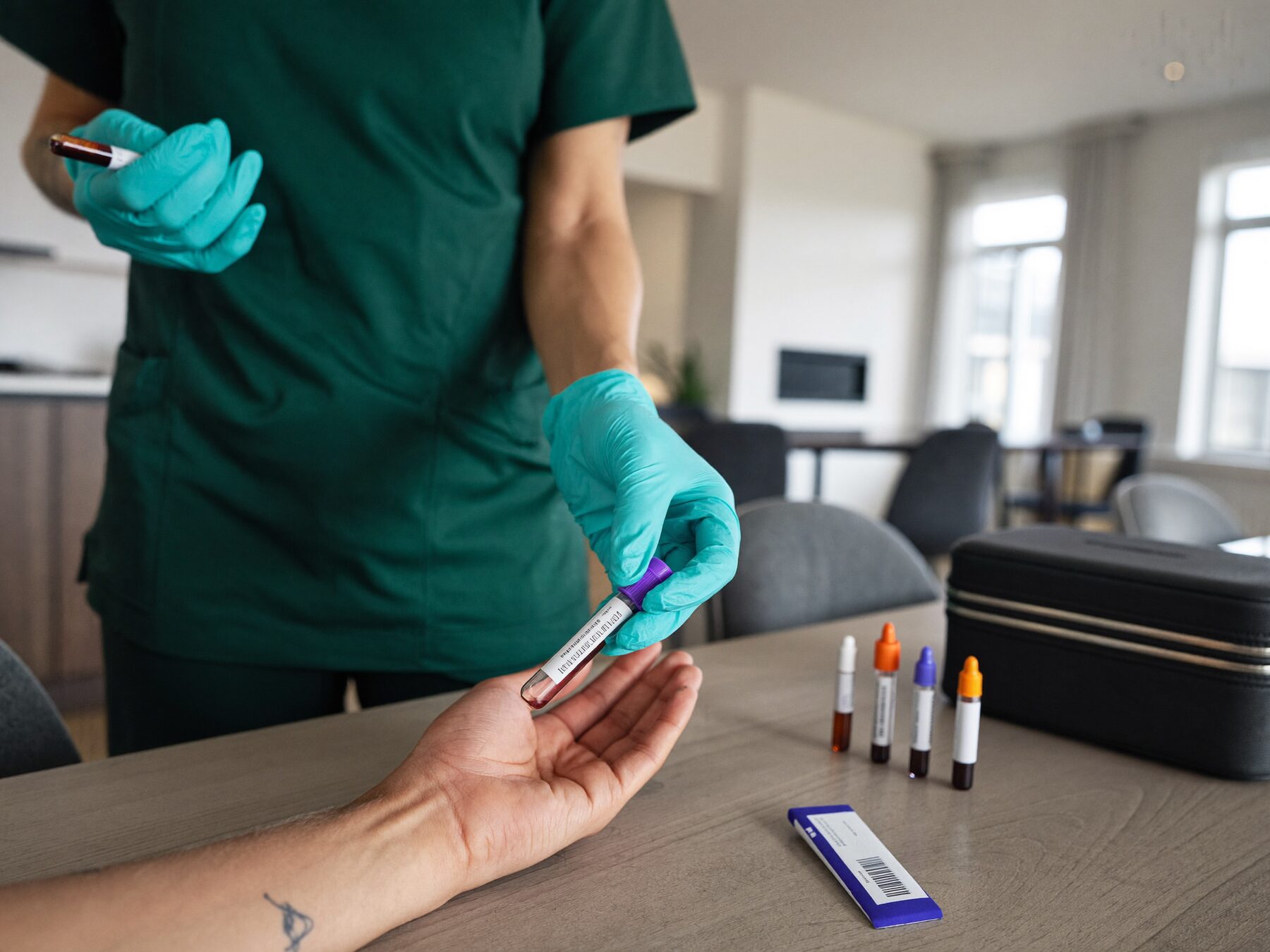 A Hollis nurse taking a blood sample at a patient's home