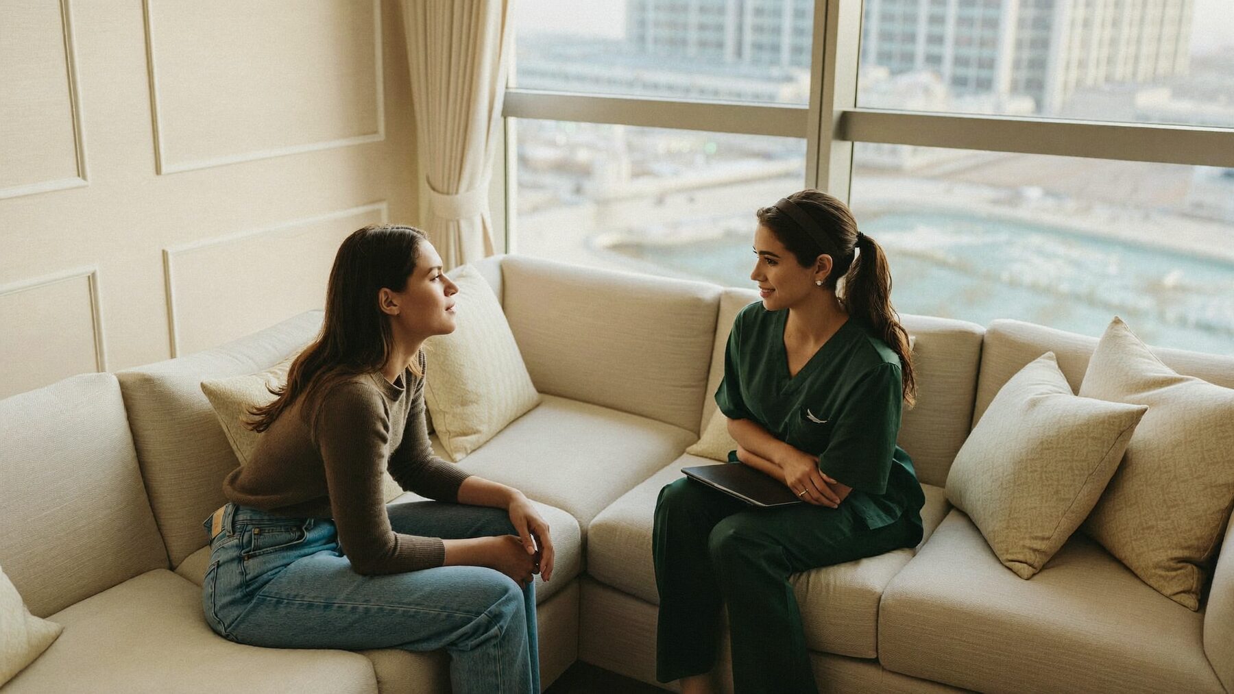 A Hollis nurse talking with a guest in a Dubai hotel suite