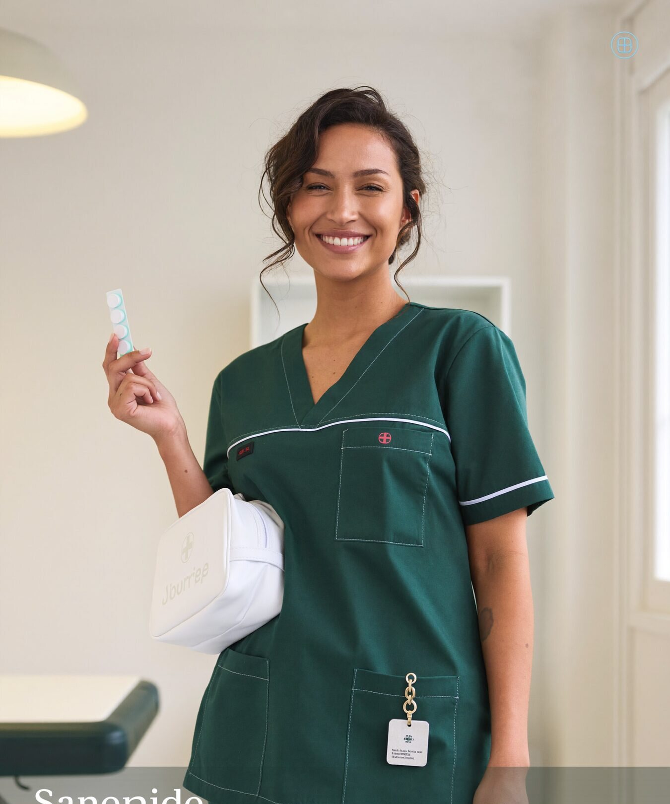 A Hollis nurse in green scrubs holding a tablet and a pharmacy bag